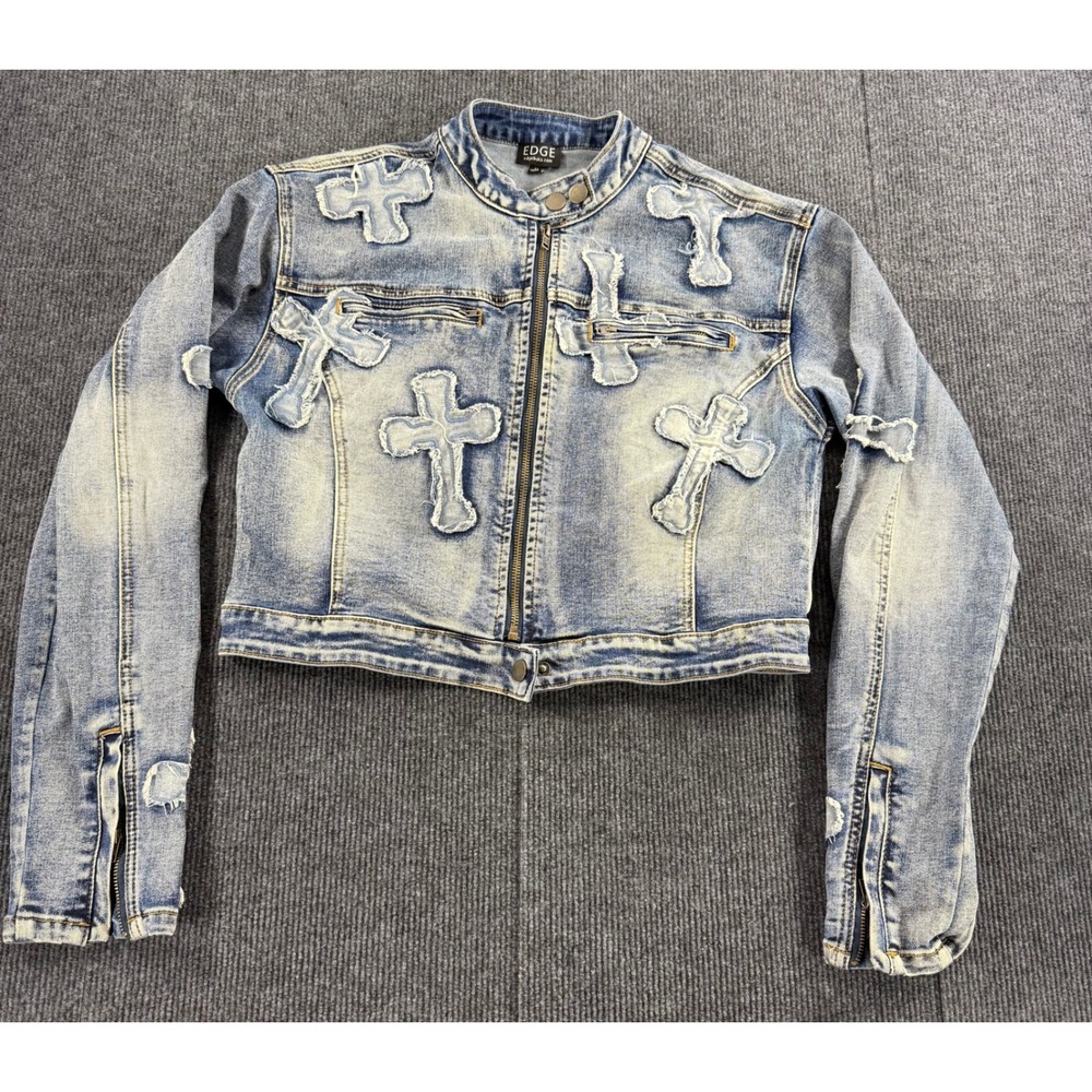 Edge by KS Womens Distressed Cross Patch‎ Denim Jacket Blue LT60330B-K Medium